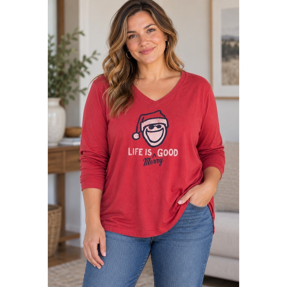 Life is Good Crusher Tee Women XL Red Merry Christmas Santa Graphic V-Neck LS